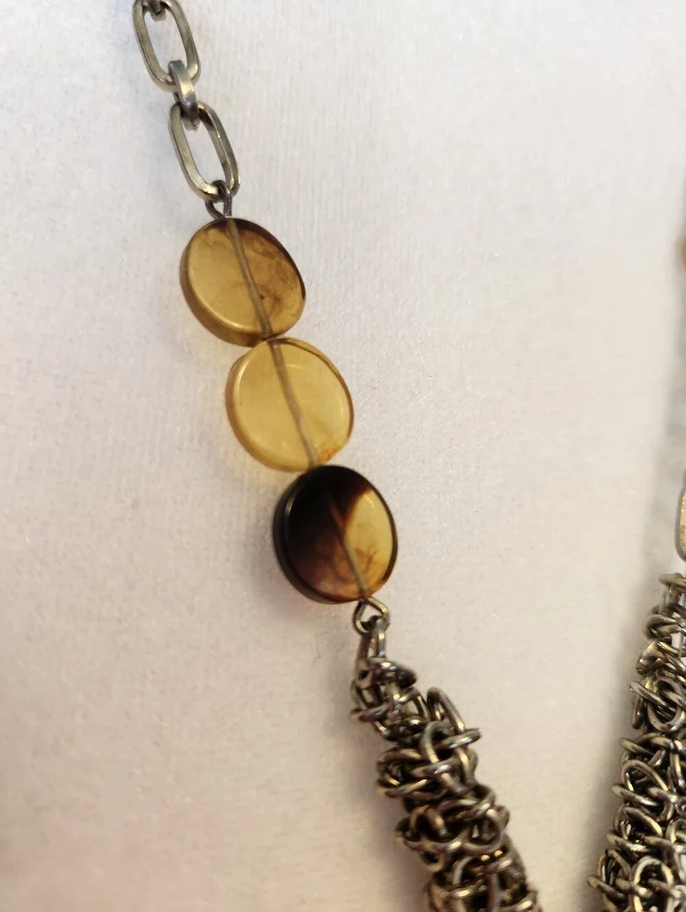 90s CHICO'S BOHO AMBER LUCITE MIXED METAL CHAIN STATEMENT TASSEL LONG NECKLACE